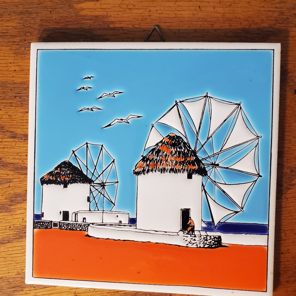 VINTAGE Niarchos Hellas Handmade Tile Windmills Scene